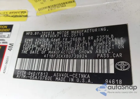 2011 Toyota Camry Le z USA, uszkodzony, nr VIN 4T1BF3EKXBU739824
